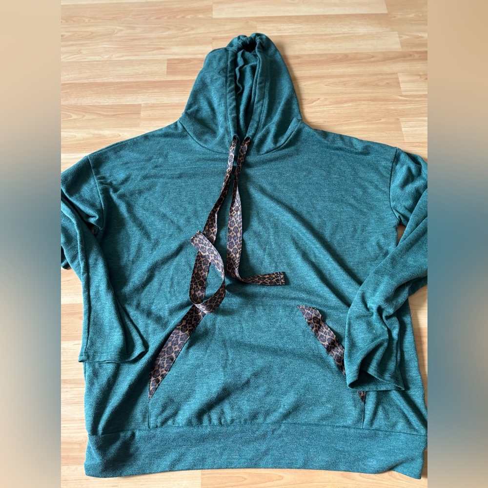 Forest Green Hoodie with Leopard Print Accents
